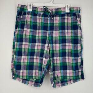Dash Womens Medium Pull-On Bermuda Shorts Pink Blue Green Plaid Linen Rayon